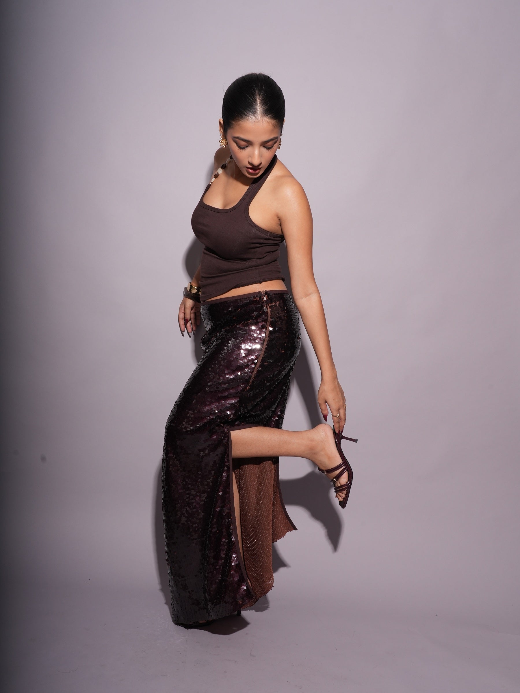 Low Waist Mocha Brown Sequins Skirt