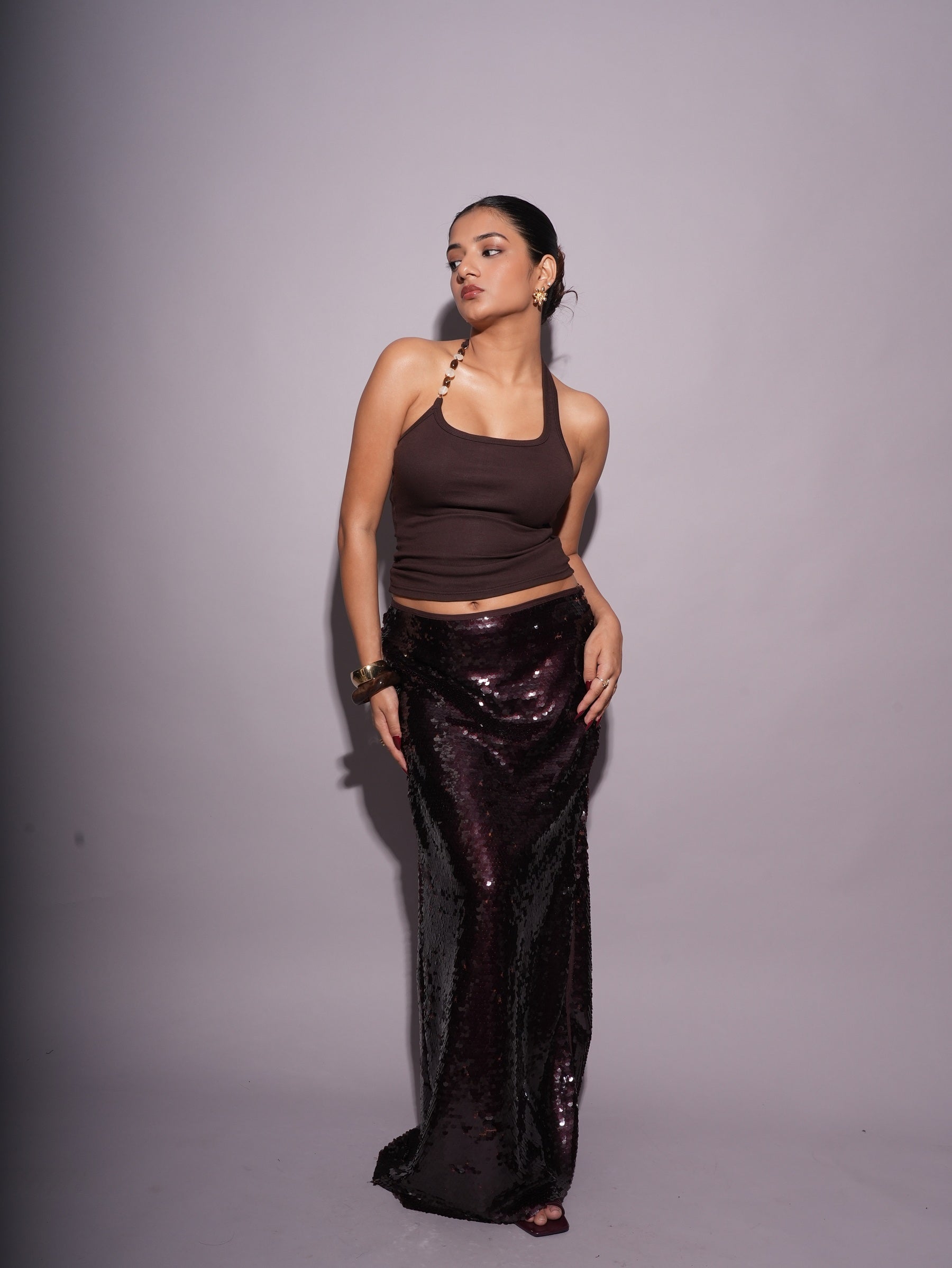 Low Waist Mocha Brown Sequins Skirt