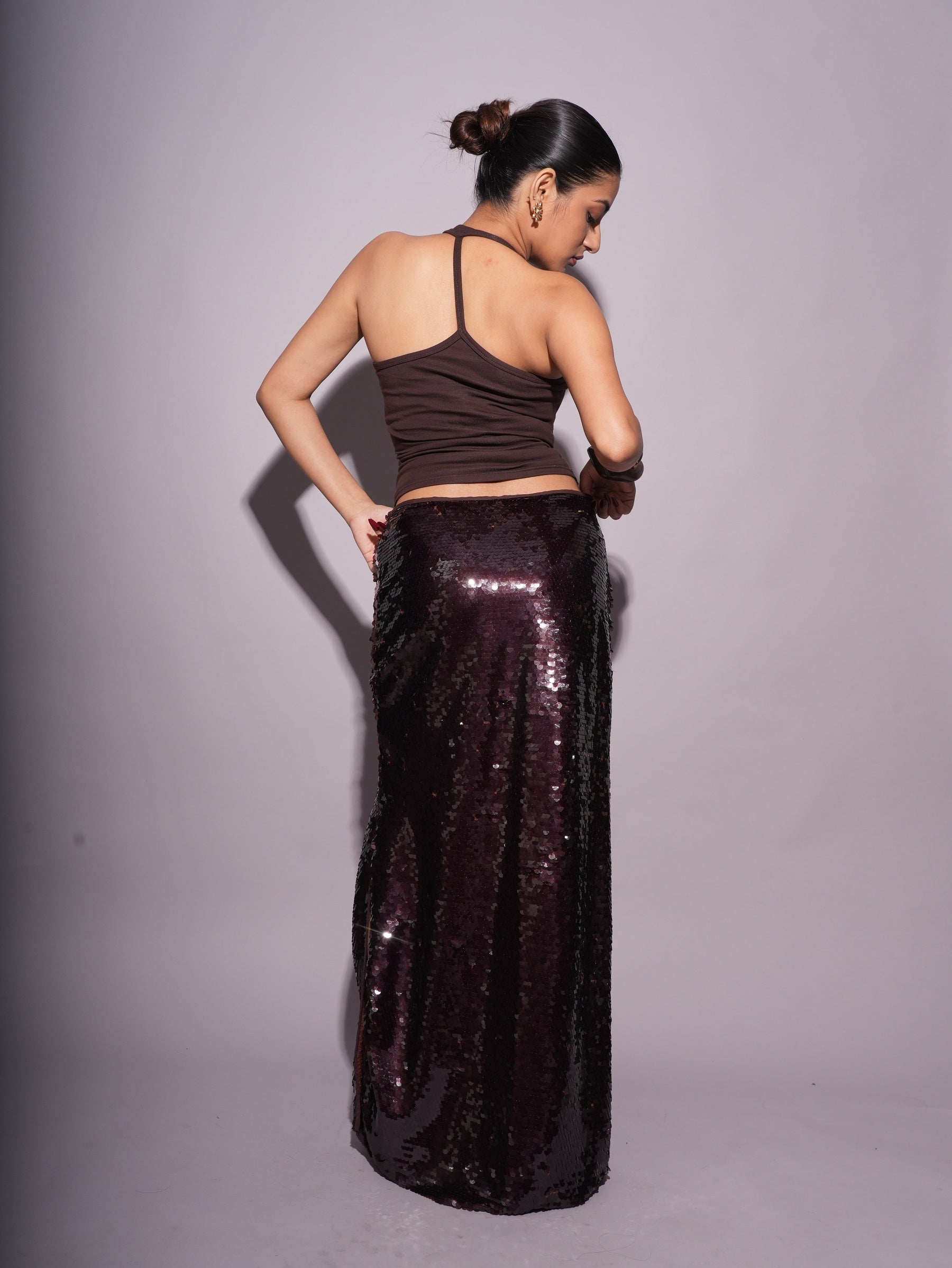 Low Waist Mocha Brown Sequins Skirt