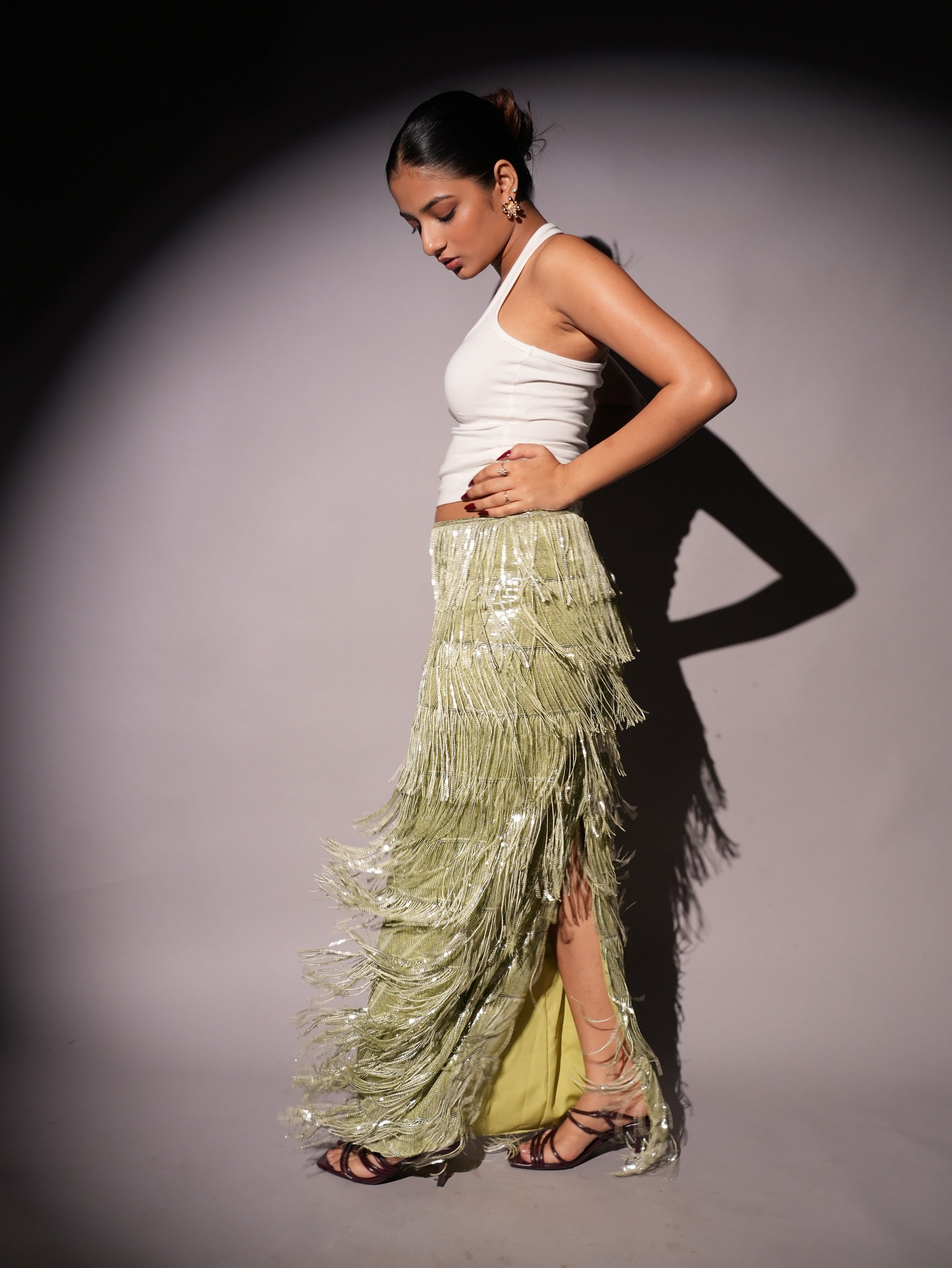 Low Waist Amira Green Sequins Tassel Skirt
