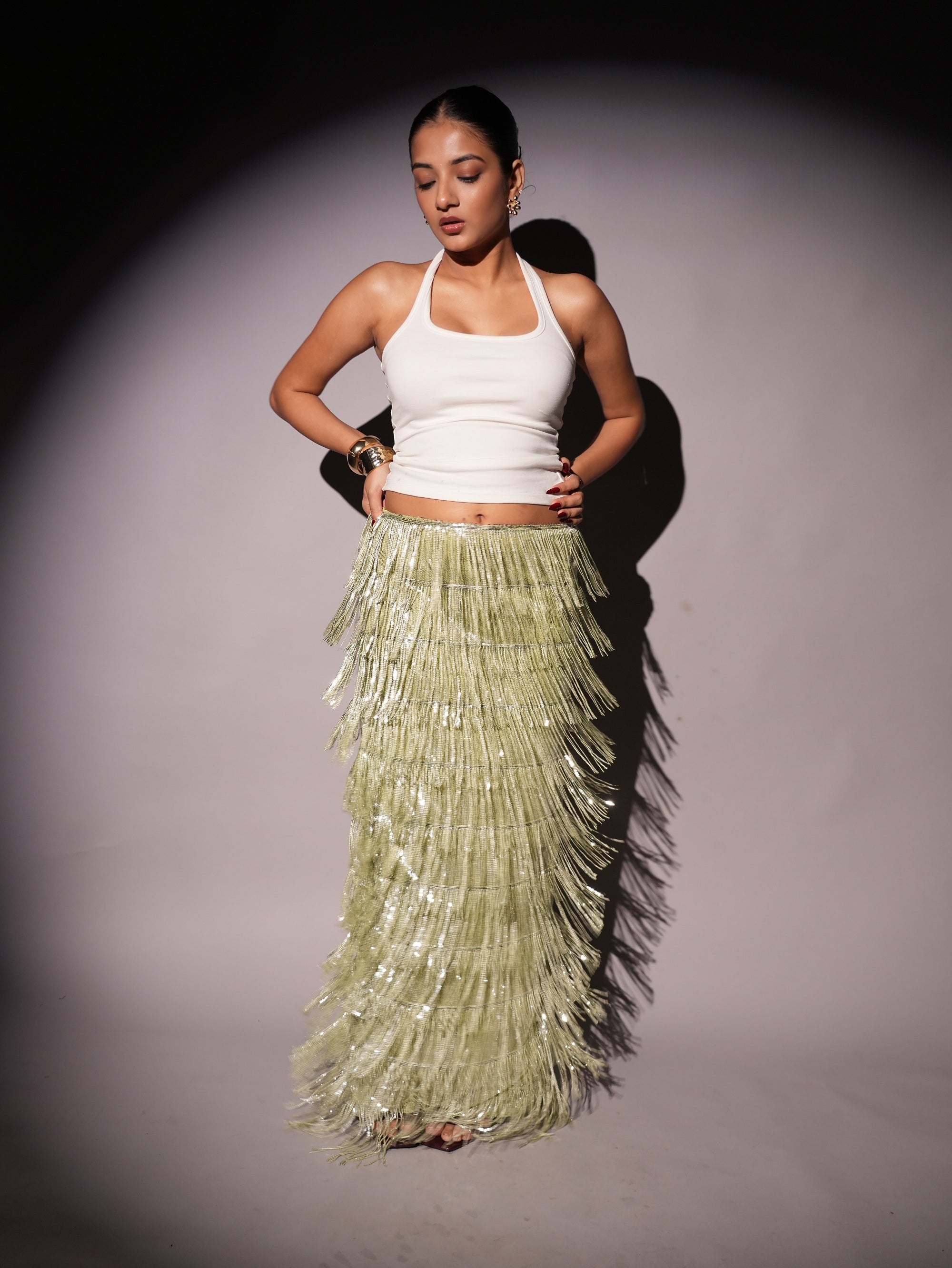 Low Waist Amira Green Sequins Tassel Skirt