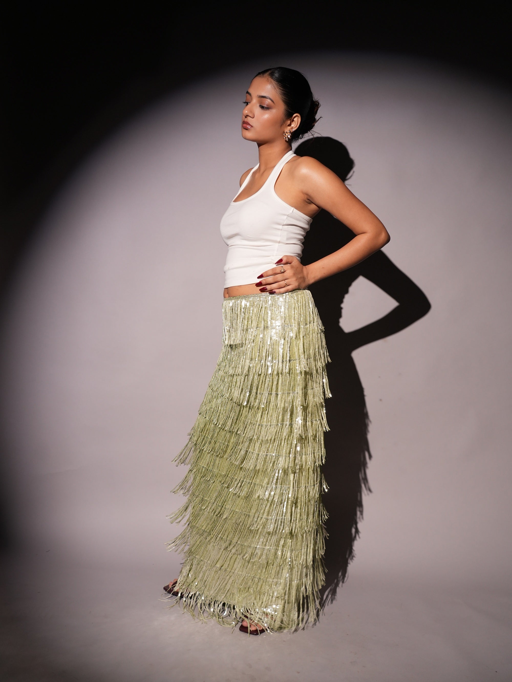 Low Waist Amira Green Sequins Tassel Skirt