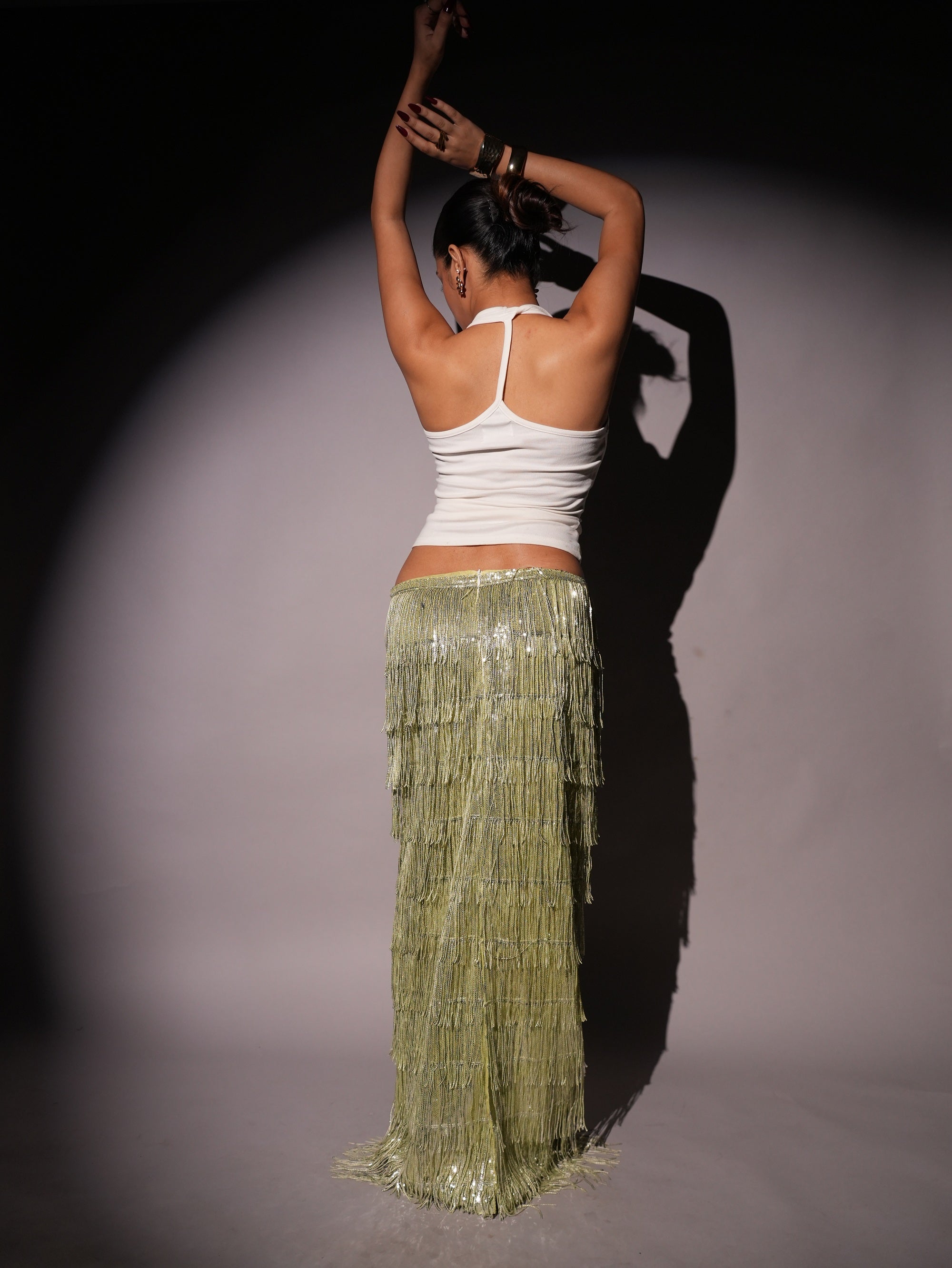 Low Waist Amira Green Sequins Tassel Skirt