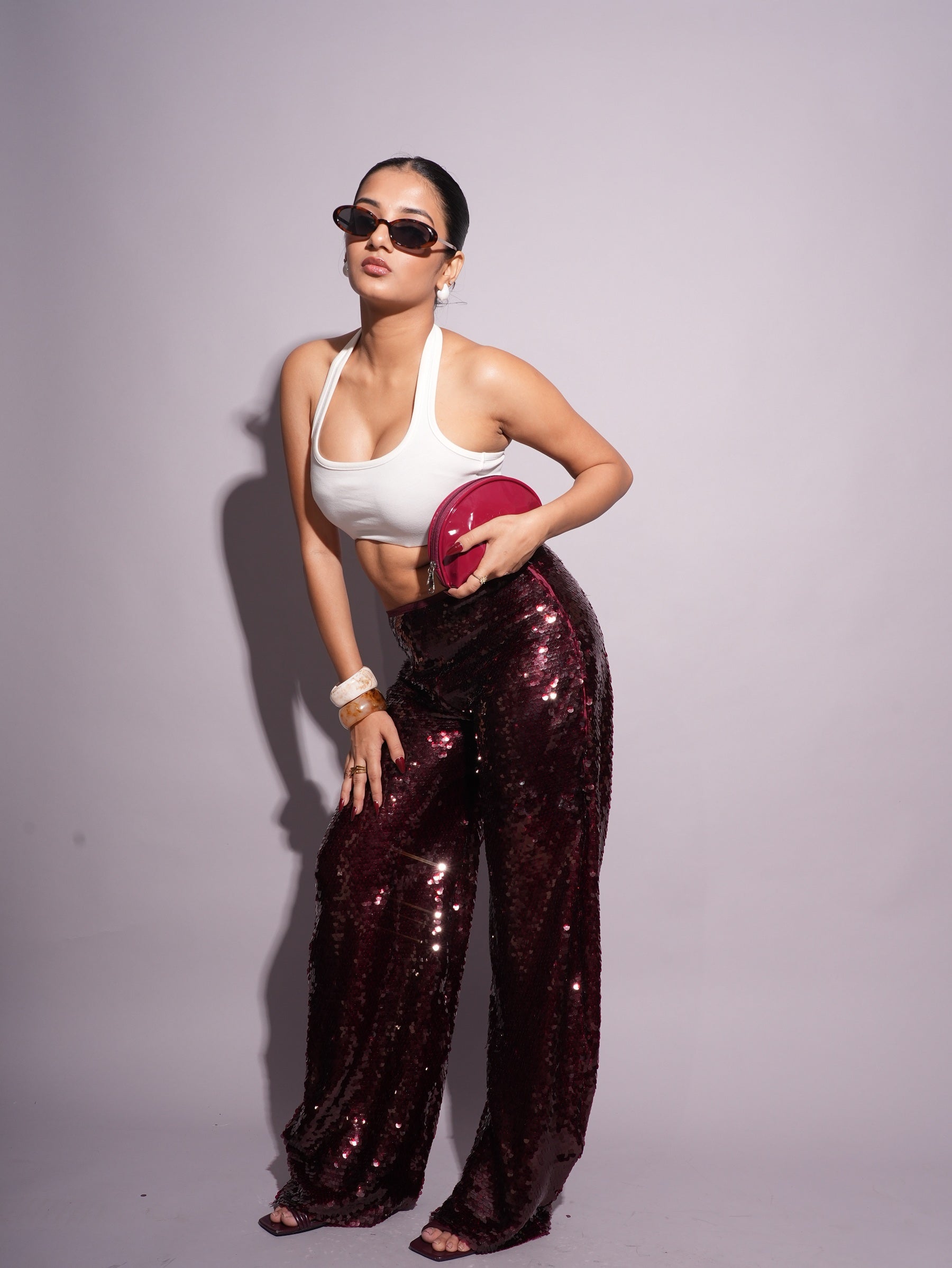 Mid Waist Cherry Red Sequins Pant