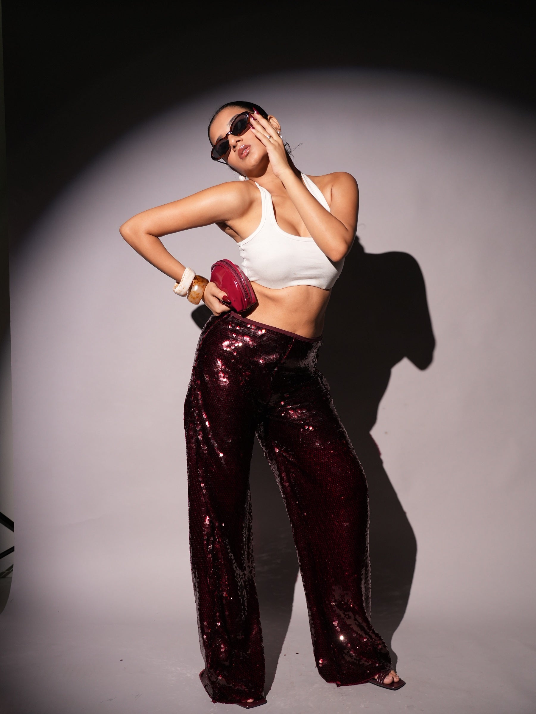 Mid Waist Cherry Red Sequins Pant