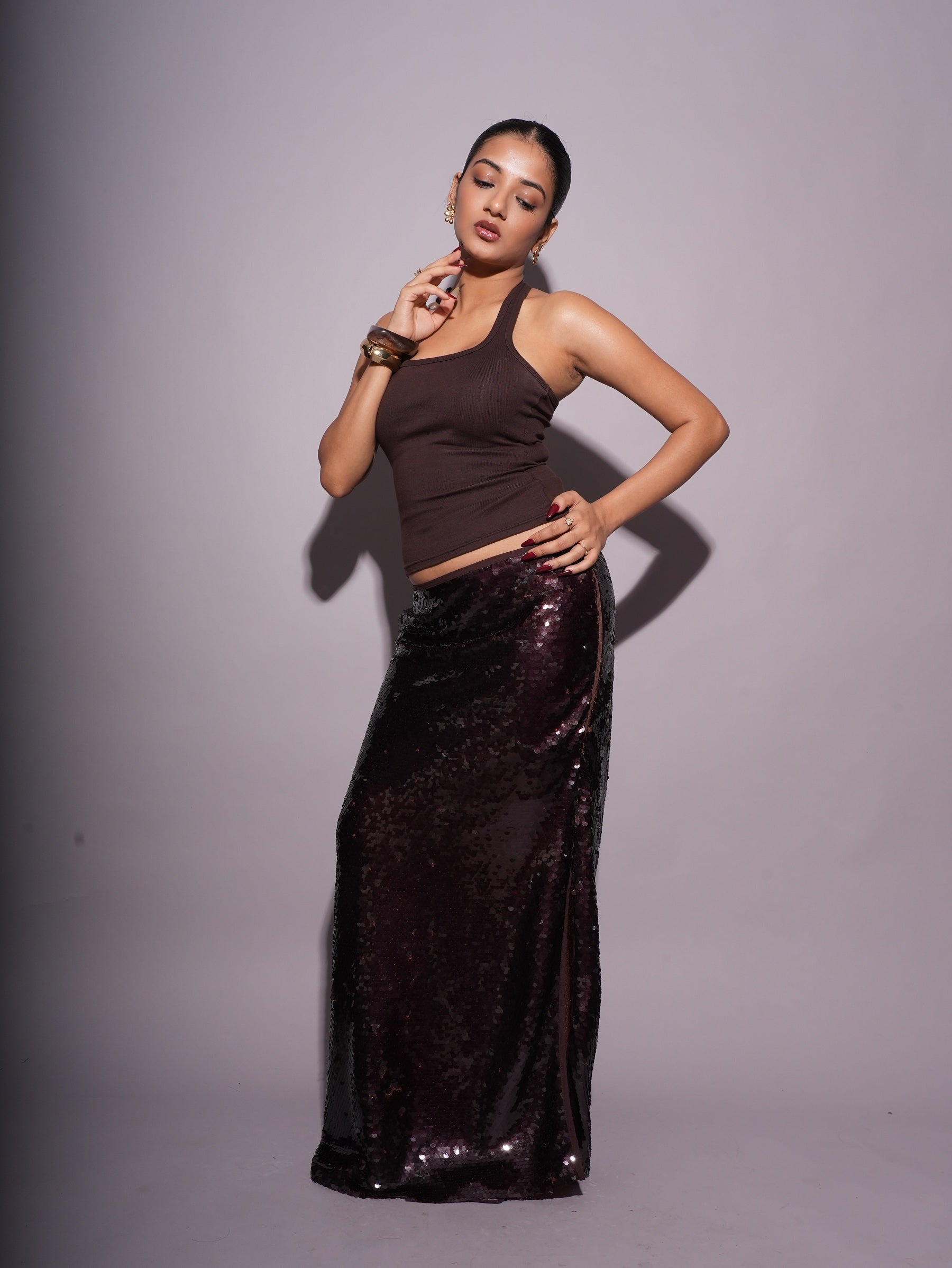 Low Waist Mocha Brown Sequins Skirt