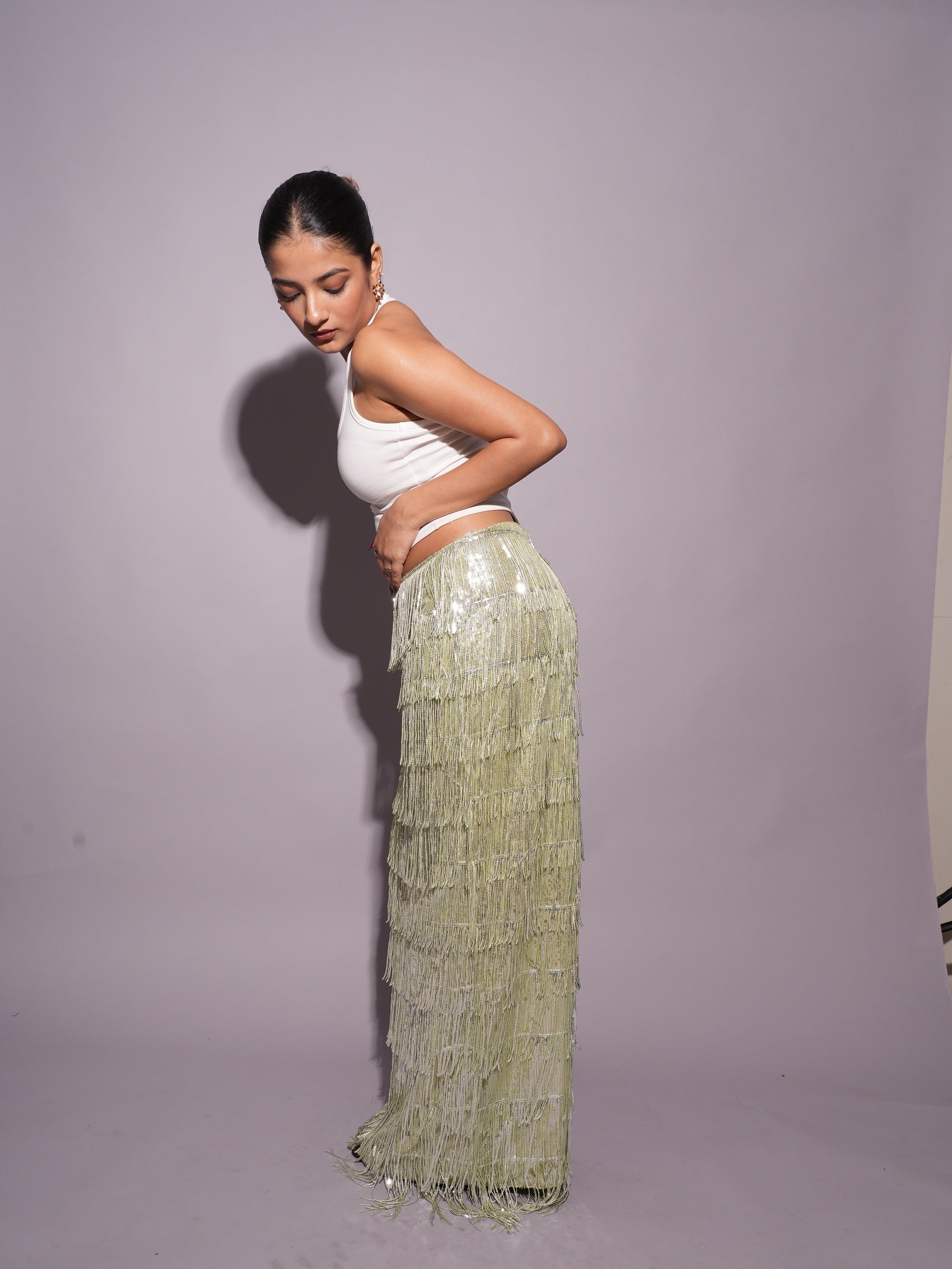 Low Waist Amira Green Sequins Tassel Skirt
