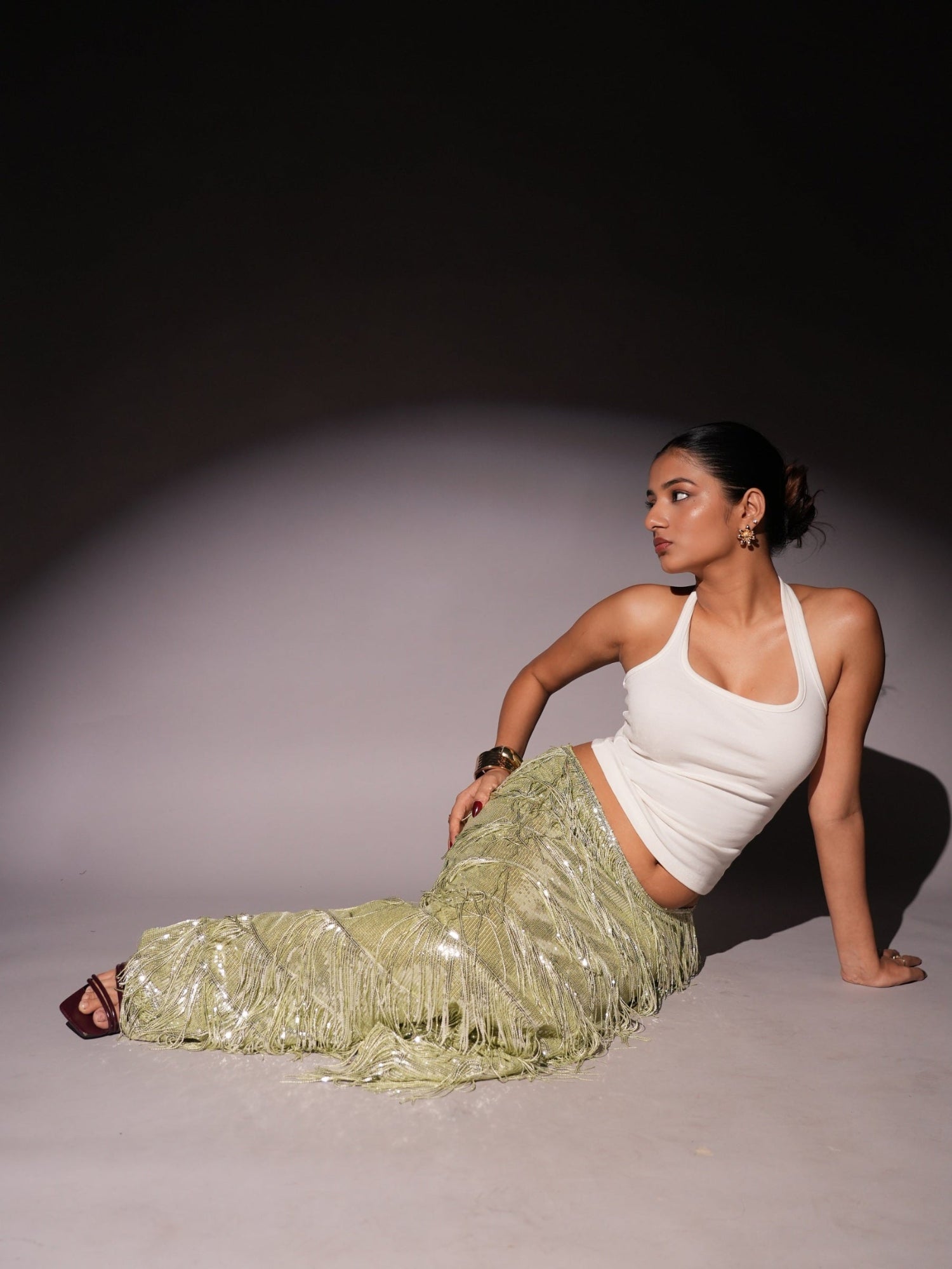 Low Waist Amira Green Sequins Tassel Skirt