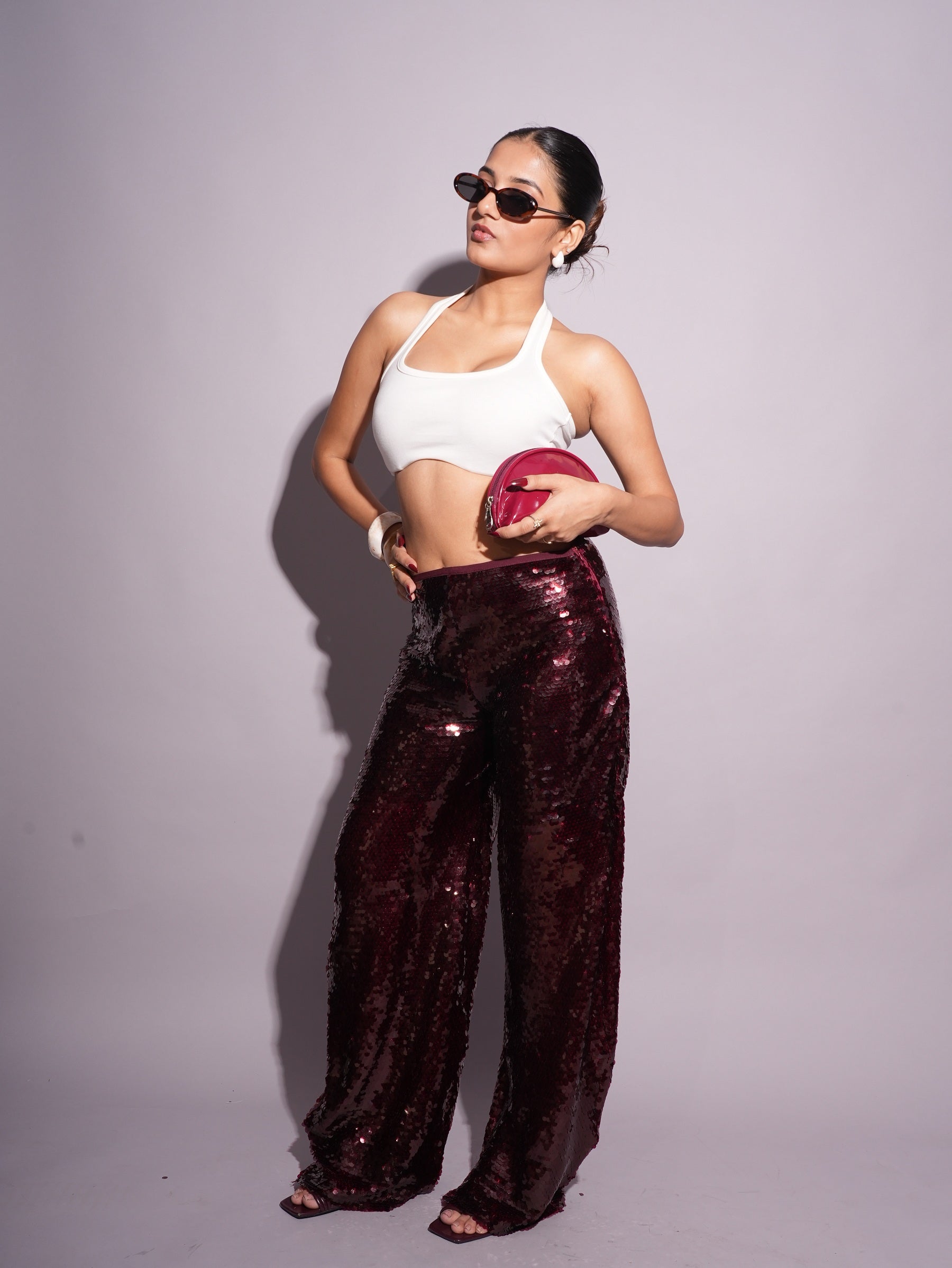 Mid Waist Cherry Red Sequins Pant